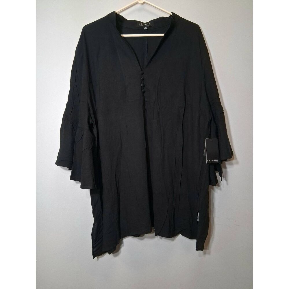 Eloquii womens plus size 2xl top bellsleeve peasant popover blouse black shirt